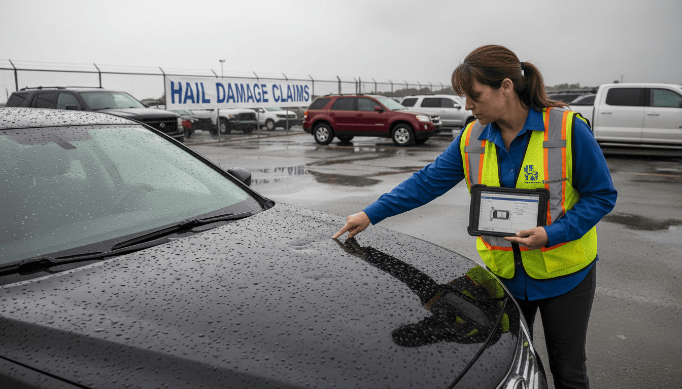 Adjuster assessing vehicle damage following catastrophic weather event