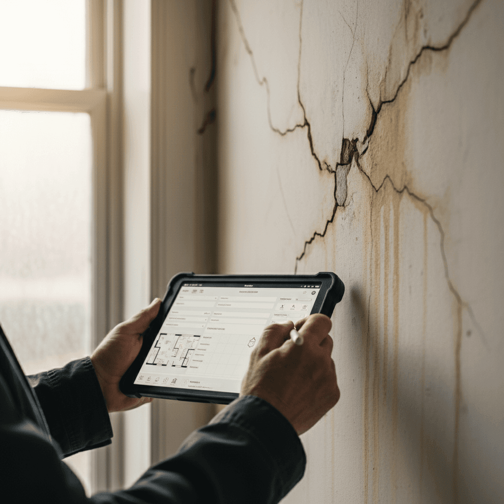 Adjuster documenting assessment findings on tablet