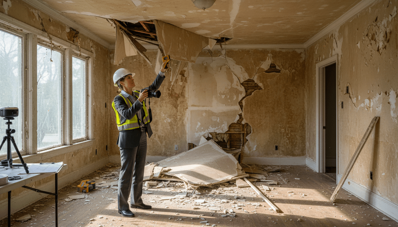 Certified adjuster inspecting property damage from storm